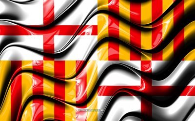 Barcelona Flag, 4k, Cities of Spain, Europe, Flag of Barcelona, 3D art, Barcelona, Spanish cities, Barcelona 3D flag, Spain