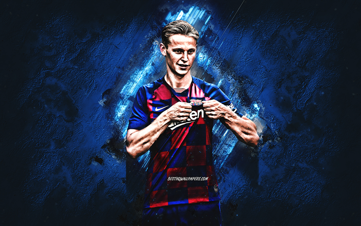 Frenkie de Jong, portrait, creative blue background, Dutch soccer player, midfielder, FC Barcelona, football, La Liga