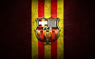 FC Barcelona, golden logo, flag of catalonia, La Liga, FCB, red metal background, football, Barcelona FC, spanish football club, FC Barcelona logo, soccer, LaLiga, Spain