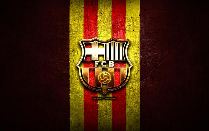 El FC Barcelona, de oro logotipo, la bandera de catalu&#241;a, La Liga, FCB, de metal rojo de fondo, el f&#250;tbol, el Barcelona FC, club de f&#250;tbol espa&#241;ol, el FC Barcelona, logo, futbol, LaLiga, Espa&#241;a