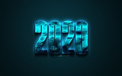 Happy New Year 2020, Blue 2020 background, blue metal letters, carbon texture, 2020 concepts, 2020 New Year