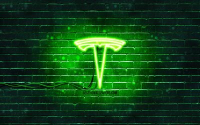 Tesla green logo, 4k, green brickwall, Tesla logo, cars brands, Tesla neon logo, Tesla