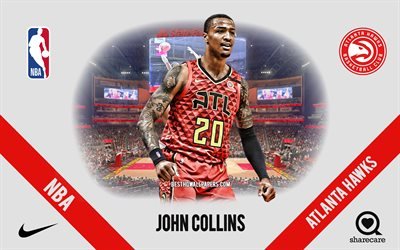 John Collins, Atlanta Hawks, giocatore di basket americano, NBA, ritratto, Stati Uniti d&#39;America, basket, State Farm Arena, logo degli Atlanta Hawks