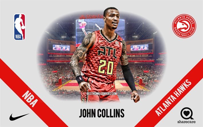 John Collins, Atlanta Hawks, Amerikan BasketbolOyuncusu, NBA, portre, ABD, basketbol, State Farm Arena, Atlanta Hawks logosu