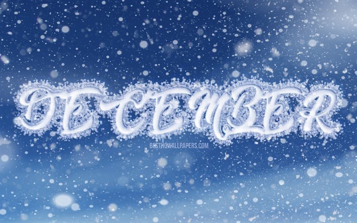 Diciembre, 4k, nevadas, fondo azul, invierno, conceptos de diciembre, creativo, mes de diciembre, meses de invierno