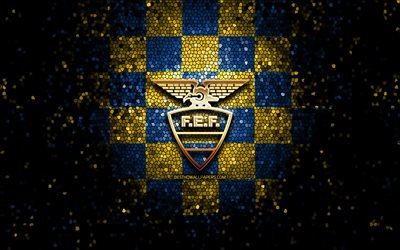 Ecuadorian football team, glitter logo, Conmebol, South America, blue yellow checkered background, mosaic art, soccer, Ecuador National Football Team, FEF logo, football, Ecuador