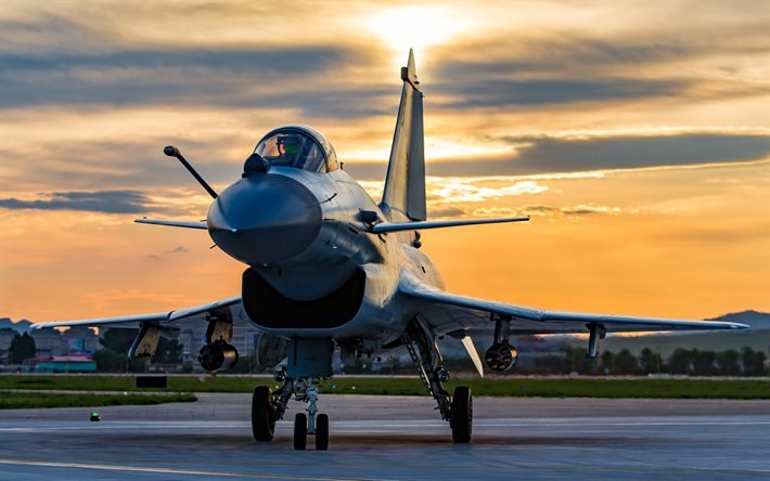 Chengdu J-10, chinese fighter, J-10, evening, sunset, military airfield, fighters