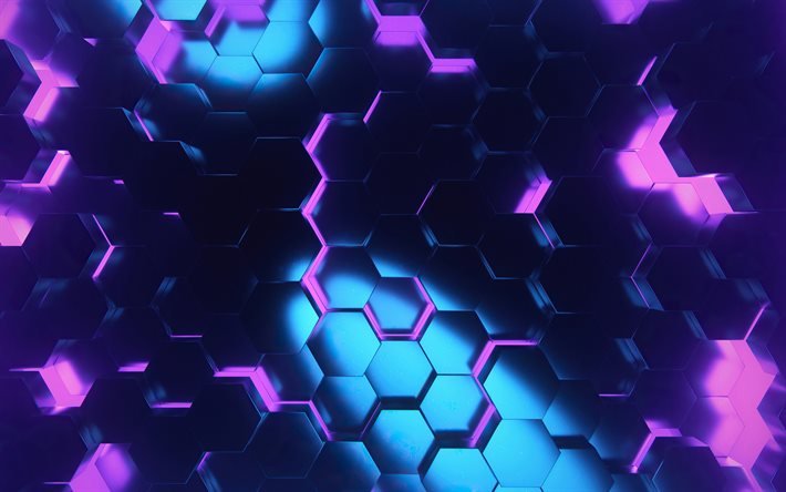 4k, 紫六角形, 3Dアート, creative クリエイティブ, 空間充填, 六角形を持つ背景, 紫六角形パターン, 紫六角形の背景, 六角形のテクスチャ, 紫色の背景