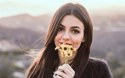 Victoria Justice, american actress, portrait, photoshoot, woman with flower