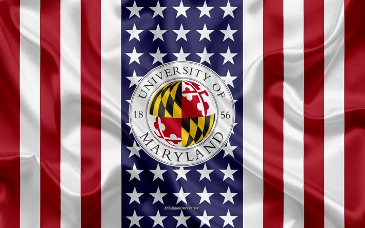 Emblema dell&#39;Universit&#224; del Maryland, bandiera americana, logo dell&#39;Universit&#224; del Maryland, College Park, Maryland, USA, University of Maryland College Park