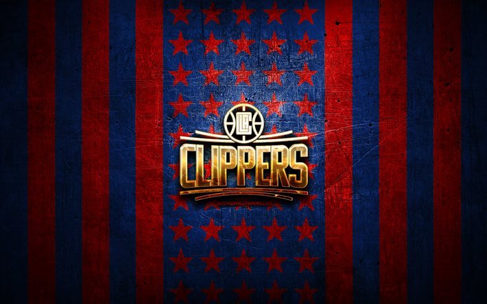 Los Angeles Clippersin lippu, NBA, punainen sininen metallitausta, amerikkalainen koripalloseura, Los Angeles Clippers-logo, USA, koripallo, kultainen logo, Los Angeles Clippers, LA Clippers