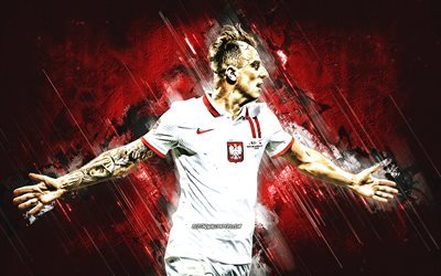 Kamil Grosicki, Poland national football team, Polish footballer, portrait, red stone background, football, Poland