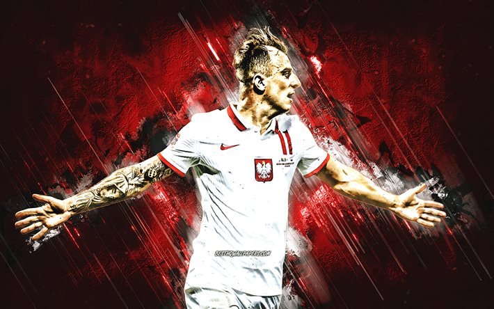Kamil Grosicki, Polonia nazionale di calcio, calciatore polacco, ritratto, pietra rossa sullo sfondo, calcio, Polonia