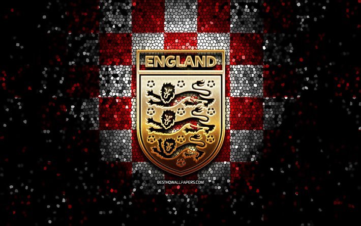 English football team, glitter logo, UEFA, Europe, red white checkered background, mosaic art, soccer, England National Football Team, EFA logo, football, England