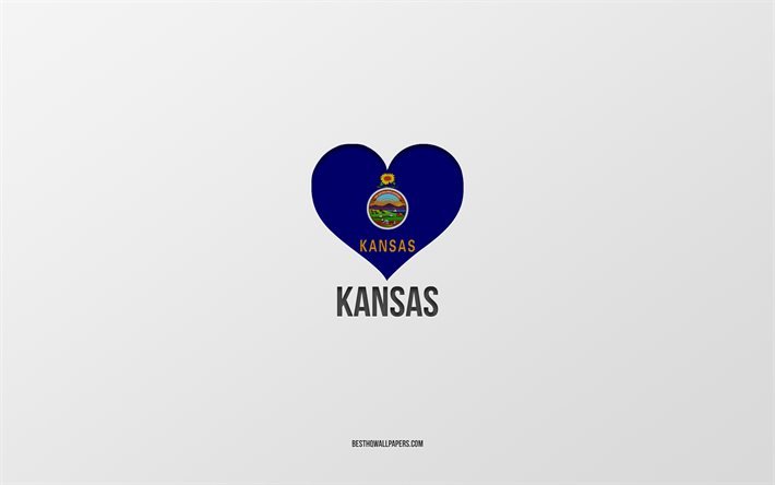 J&#39;aime le Kansas, les &#201;tats am&#233;ricains, fond gris, l&#39;&#201;tat du Kansas, les &#201;tats-Unis, le cœur du drapeau du Kansas, les villes pr&#233;f&#233;r&#233;es, l&#39;amour du Kansas