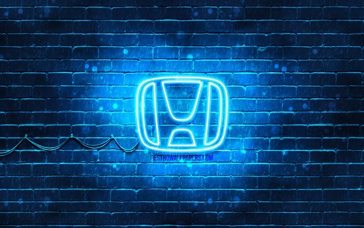Honda blue logo, 4k, blue brickwall, Honda logo, cars brands, Honda neon logo, Honda