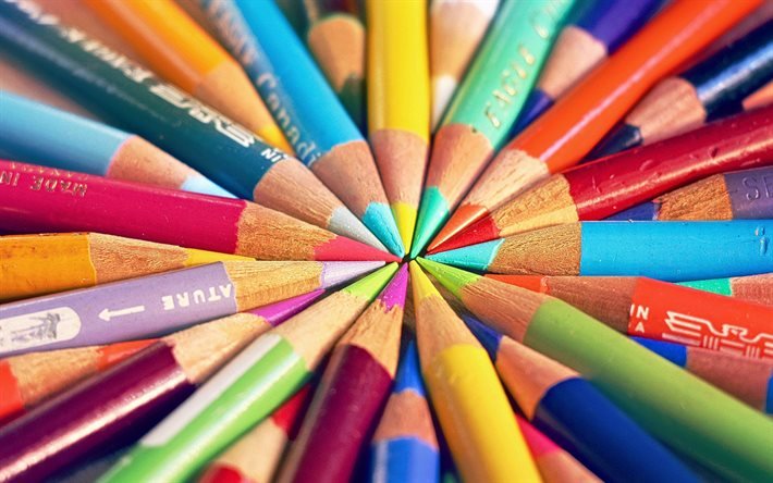 crayons de couleur, crayons de couleur dans un cercle, concept cible, crayons, diff&#233;rents concepts de couleurs, concepts de s&#233;lection de couleurs