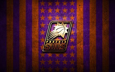 phoenix suns flagge, nba, orange violetter metallhintergrund, amerikanischer basketballclub, phoenix suns logo, usa, basketball, goldenes logo, phoenix suns