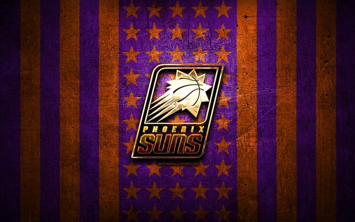 Bandeira do Phoenix Suns, NBA, fundo laranja violeta met&#225;lico, clube americano de basquete, logotipo do Phoenix Suns, EUA, basquete, logotipo dourado, Phoenix Suns
