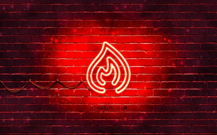 Fire neon icon, 4k, red background, neon symbols, Fire, creative, neon icons, Fire sign, ecology signs, Fire icon, ecology icons
