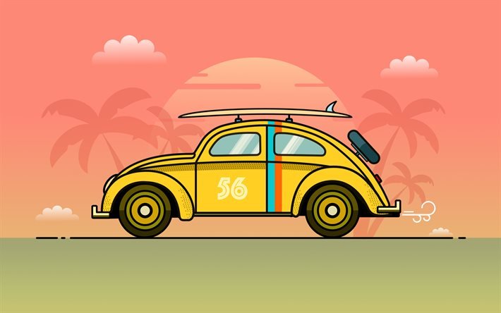 Volkswagen Beetle, 4k, matkakonseptit, minimalismi, autolla matkustaminen, Yellow Beetle