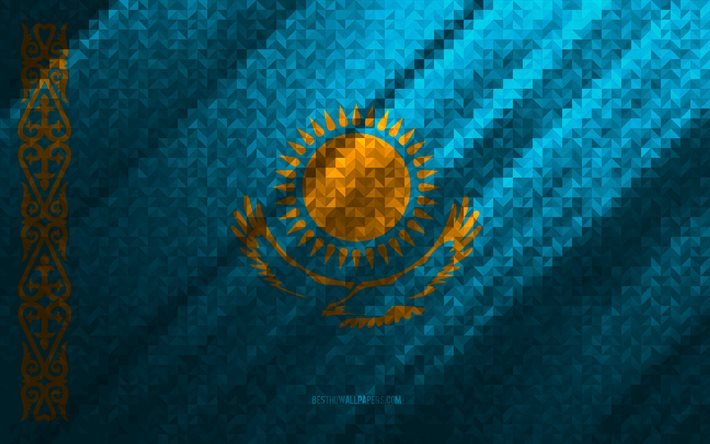 Drapeau du Kazakhstan, abstraction multicolore, drapeau mosa&#239;que du Kazakhstan, Europe, Kazakhstan, art de la mosa&#239;que, drapeau du Kazakhstan