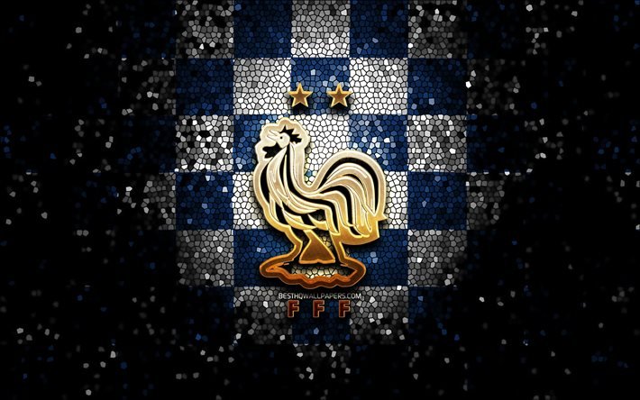 French football team, glitter logo, UEFA, Europe, green white checkered background, mosaic art, soccer, France National Football Team, FFF logo, football, France, FFF new logo