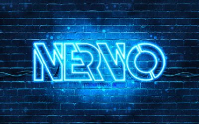 Nervo blue logo, 4k, superstars, Australian DJs, blue brickwall, Nervo logo, Olivia Nervo, Miriam Nervo, NERVO, music stars, Nervo neon logo