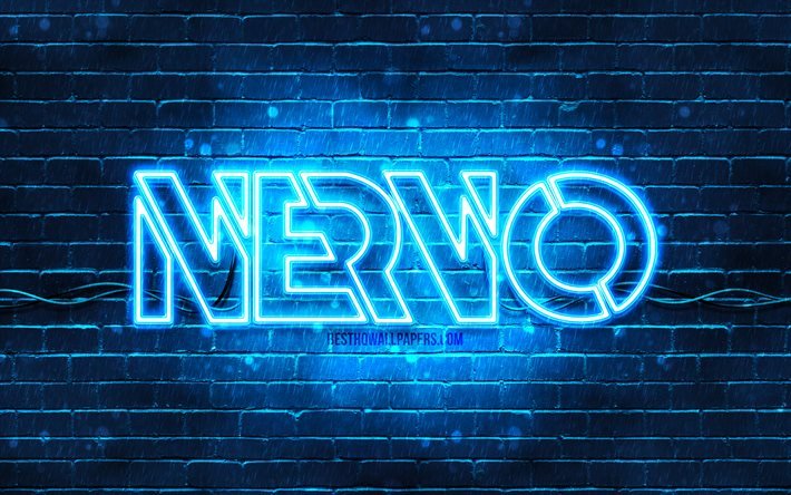 Nervo mavi logosu, 4k, s&#252;per yıldızlar, Avustralyalı DJ&#39;ler, mavi tuğla duvar, Nervo logosu, Olivia Nervo, Miriam Nervo, NERVO, m&#252;zik yıldızları, Nervo neon logosu