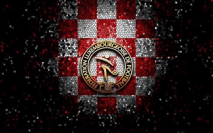 Luxembourgish football team, glitter logo, UEFA, Europe, red white checkered background, mosaic art, soccer, Luxembourg National Football Team, FLF logo, football, Luxembourg