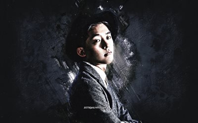 Ken the 390, Sakuma Takeshi, japanese singer, portrait, gray stone background