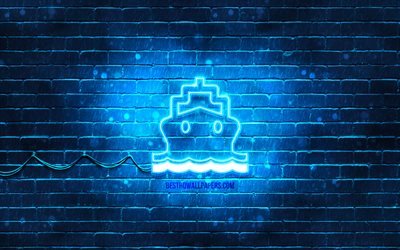 schiff neon symbol, 4k, blauer hintergrund, neon symbole, schiff, kreativ, schiff zeichen, transport zeichen, schiff symbol, transport symbole