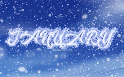 January, 4k, snowfall, blue background, winter, January concepts, creative, January month, winter months