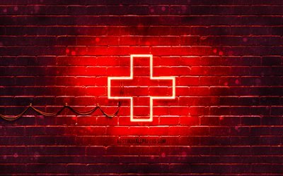 Red Cross neon icon, 4k, red background, neon symbols, Red Cross, creative, neon icons, Red Cross sign, medical signs, Red Cross icon, medical icons
