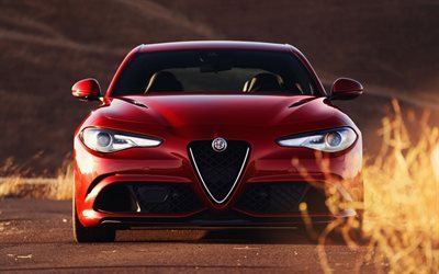 Alfa Romeo Giulia Quadrifoglio de 2017, los coches, vista de frente, puesta de sol, Alfa Romeo
