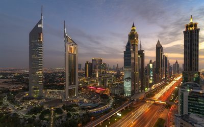 Dubai, United Arab Emirates, city lights, skyscrapers