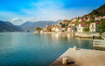Perast, la baia di Cattaro, estate, baia, costa, montagna, Montenegro, Mare Adriatico