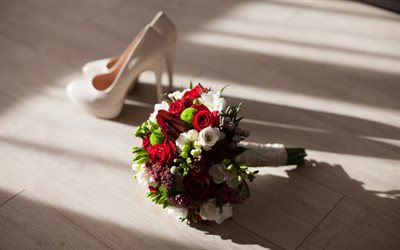 bridal bouquet, shoes, wedding concepts, bouquet of roses, wedding bouquet, red roses