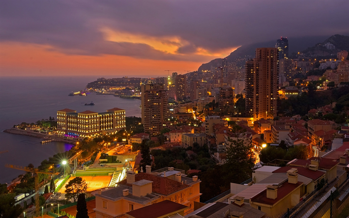 Monaco, kv&#228;ll, panorama city, Medelhavet, stadens ljus, Beausoleil, Frankrike