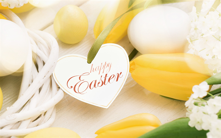 Happy Easter, yellow tulips, decorated eggs, Easter, nest