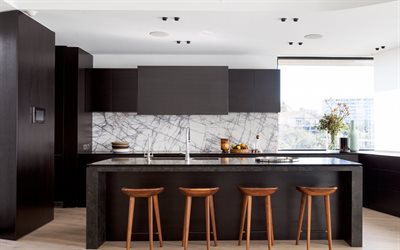 stylish kitchen, modern interior design, minimalism, dark kitchen furniture