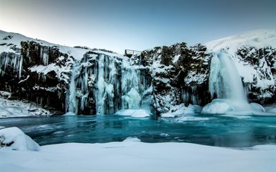 waterfall, winter, snow, ice, frozen lake, Iceland, rock