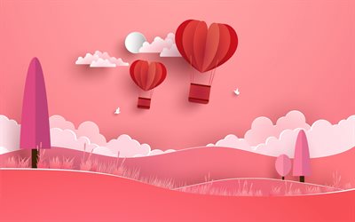 Valentines Day, February 14, origami abstraction, paper elements, flying balls, paper hearts, romantic landscape