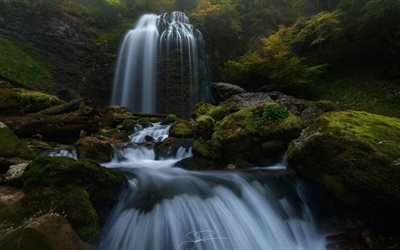high waterfall, rock, green moss, rainforest, waterfalls