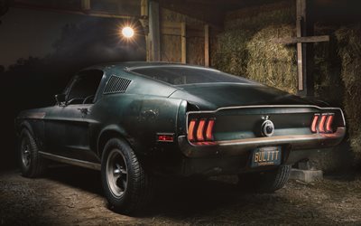 ford mustang bullitt, 4k, garage, 1968-autos, muscle-cars, retro cars, mustang, ford