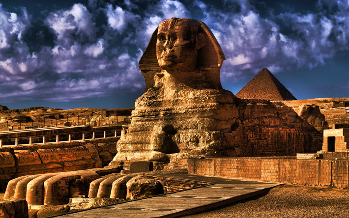Great Sphinx, pyramids, egyptian landmarks, Giza, sand dunes, Egypt, Africa, HDR