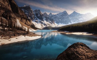 mountain lake, spring, forest, sunrise, Moiraine lake, Canada