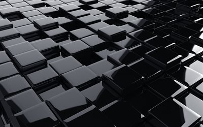 3d الأسود مكعبات, 3d أسود الملمس, 3d الفن مكعبات, هندسية سوداء خلفية 3d