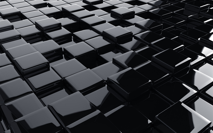 3d black cubes, 3d black texture, 3d art cubes, geometric black 3d background