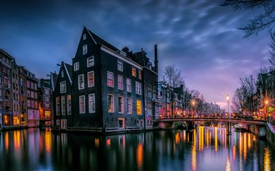 Amsterdam, kv&#228;ll, sunset, gamla hus, kanalerna, Nederl&#228;nderna, stadsbilden